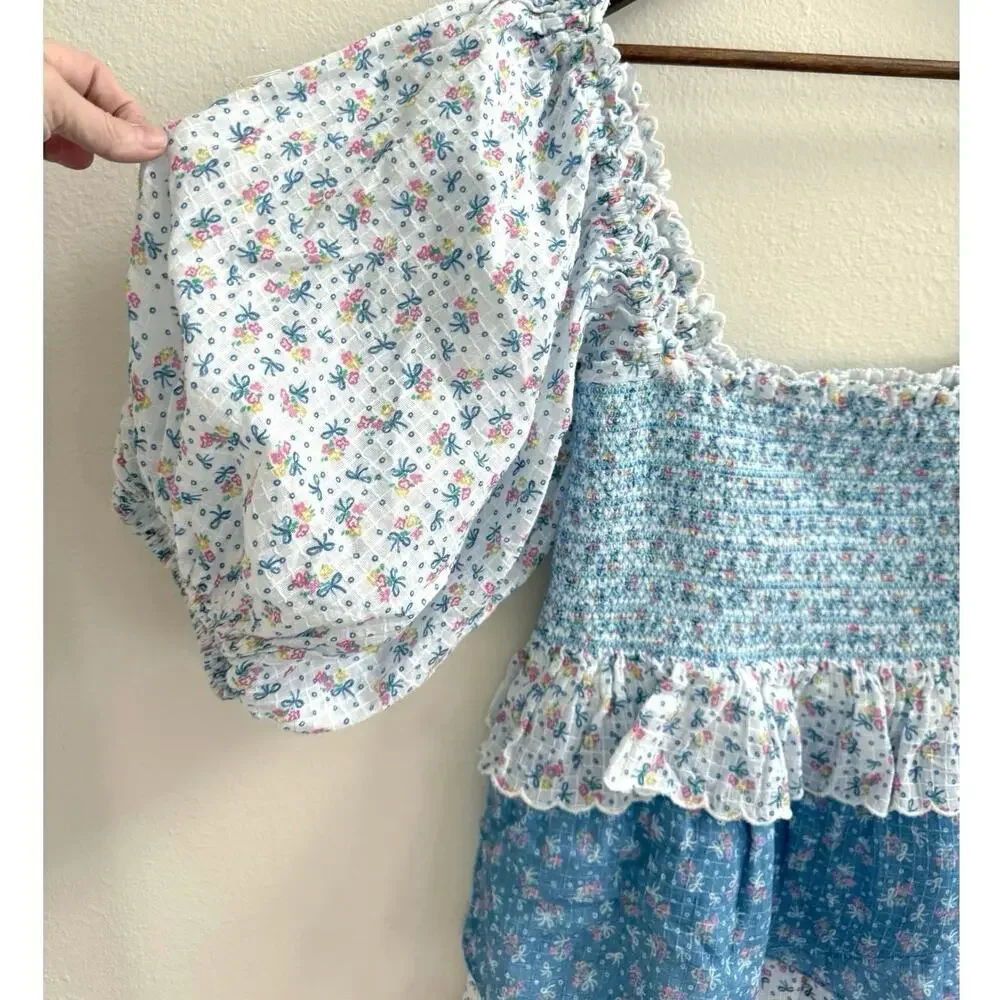 LoveShackFancy NWOT Shaw Large Blue Micro Mini Dress Floral Tiered Tunic - Picture 6 of 16
